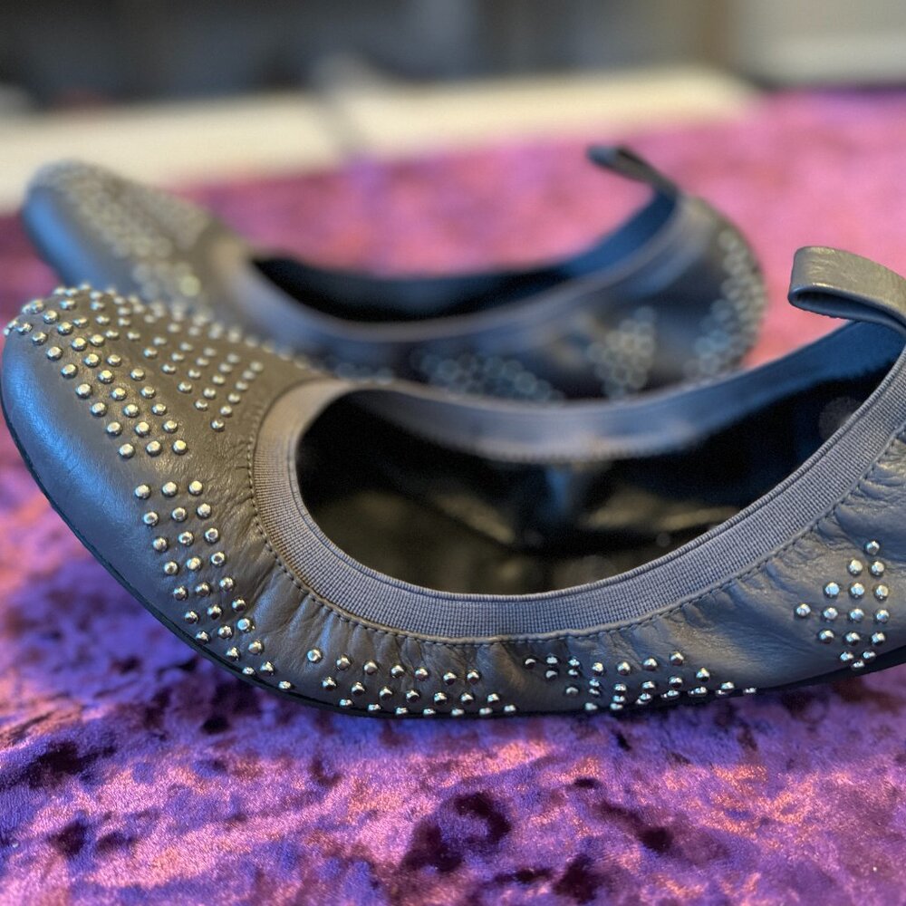 See by Chloe Gray Leather Studded Ballet Flats